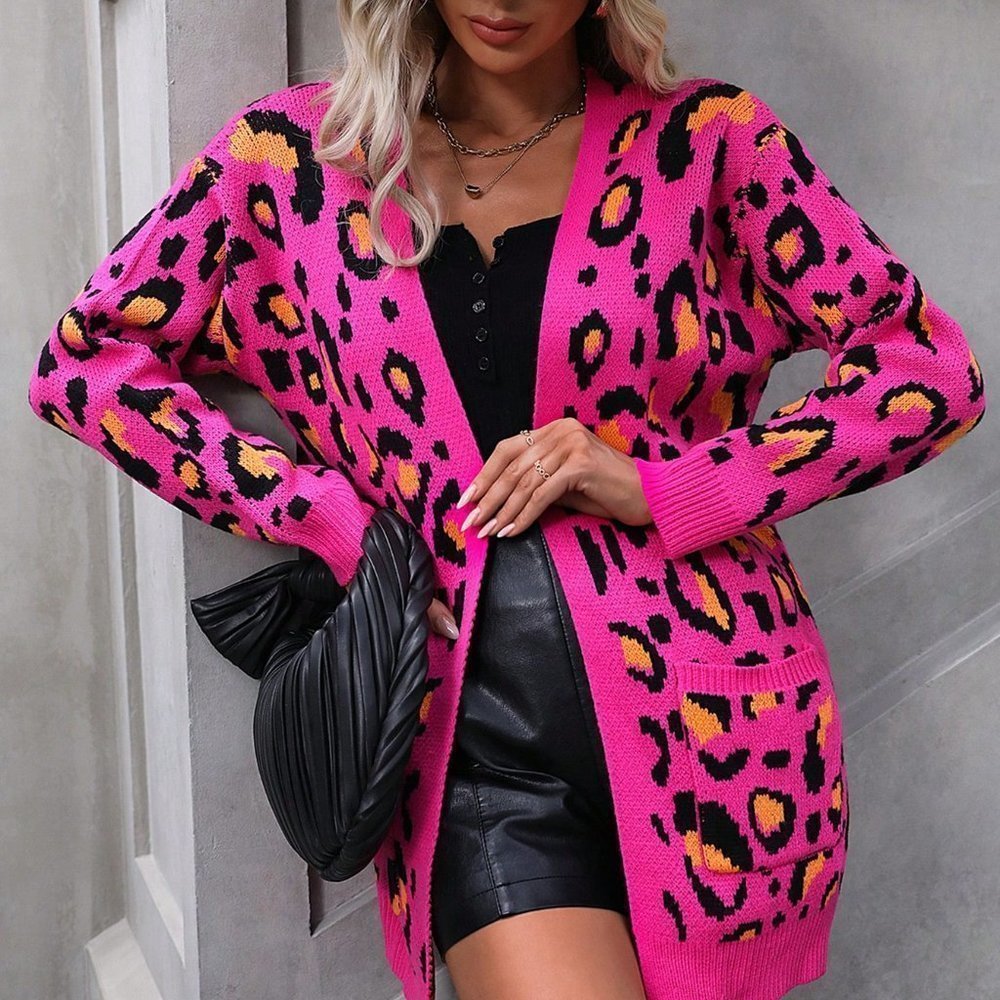 Pink Preppy Womens Leopard Pattern Drop Shoulder Open Front Cardigan - Picture 4 of 5